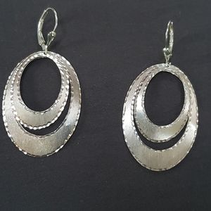Silver Cocentric Layered Oval Drop Earrings